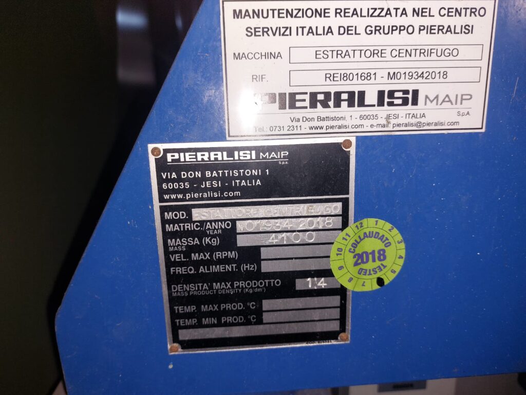 Targa tecnica, con dati di collaudo