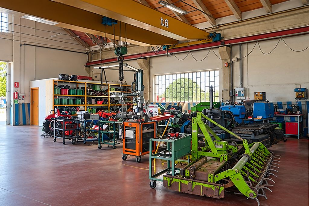 Magazzino con carroponte e attrezzature agricole in lavorazione