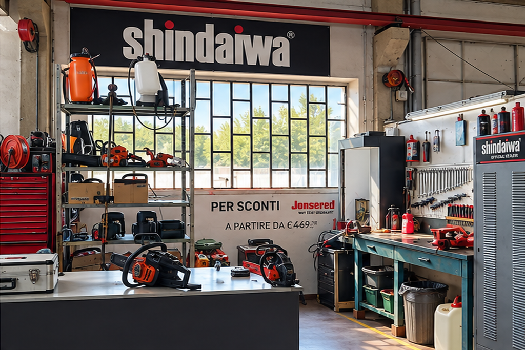 Angolo dell'officina dedicato al marchio Shindaiwa, con decespugliatori e motoseghe in esposizione